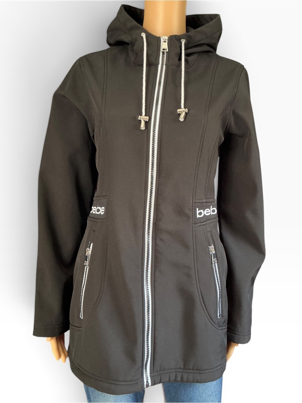 bebe Black Hooded Zip-Up Utility Jacket